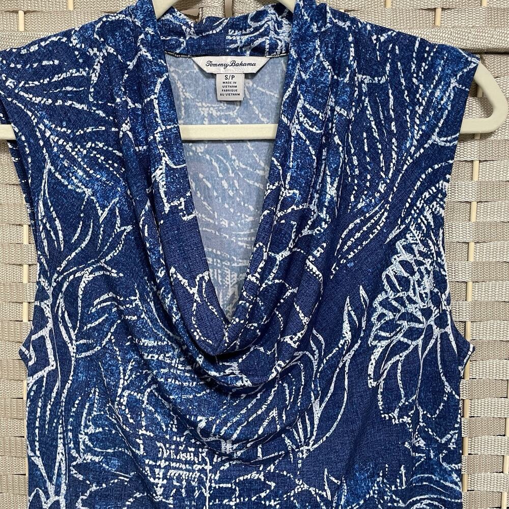 TOMMY BAHAMA BIMINI COWL NECK DRESS Women’s S Navy Print Slinky Knit Sleeveless - Picture 3 of 9